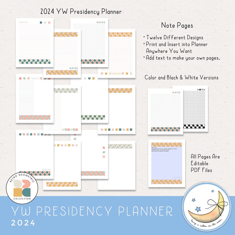 2024 LDS Young Women Presidency Planner for YW or class. Printable editable PDF files; retro geometric design in pastel colors pink peach sky blue gray gold blue. 64 pages, calendars, forms, agendas, divider pages tabs, color and black & white