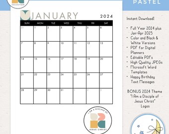 LDS Young Women 2024 Calendar, Editable PDF, Digital Planners, JPEGs, Microsoft Word Templates, Color, Black & White, [Digital Download]