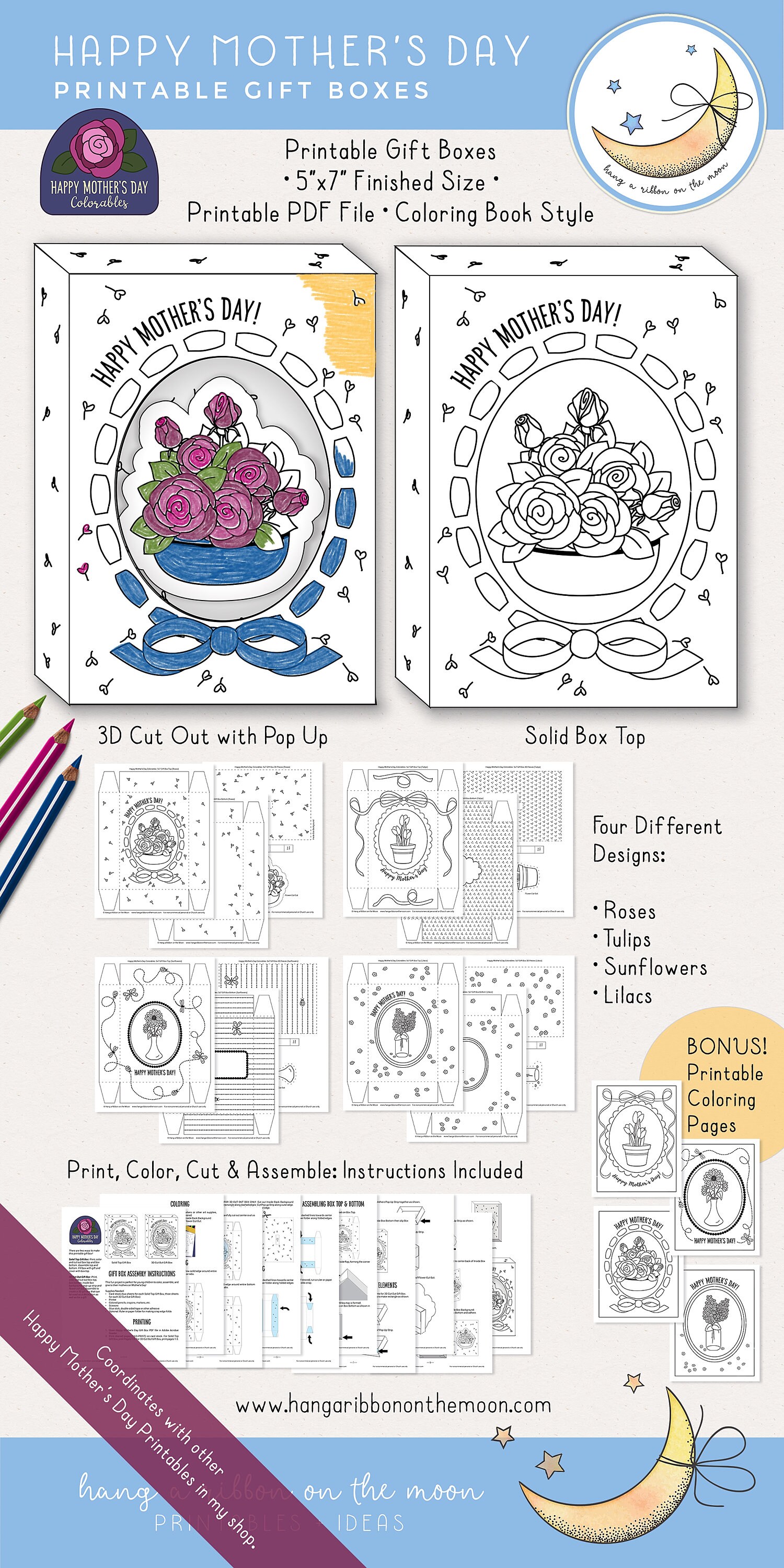 Mother's Day Printable Gift Boxes 5x7 Inches 3D Pop up - Etsy