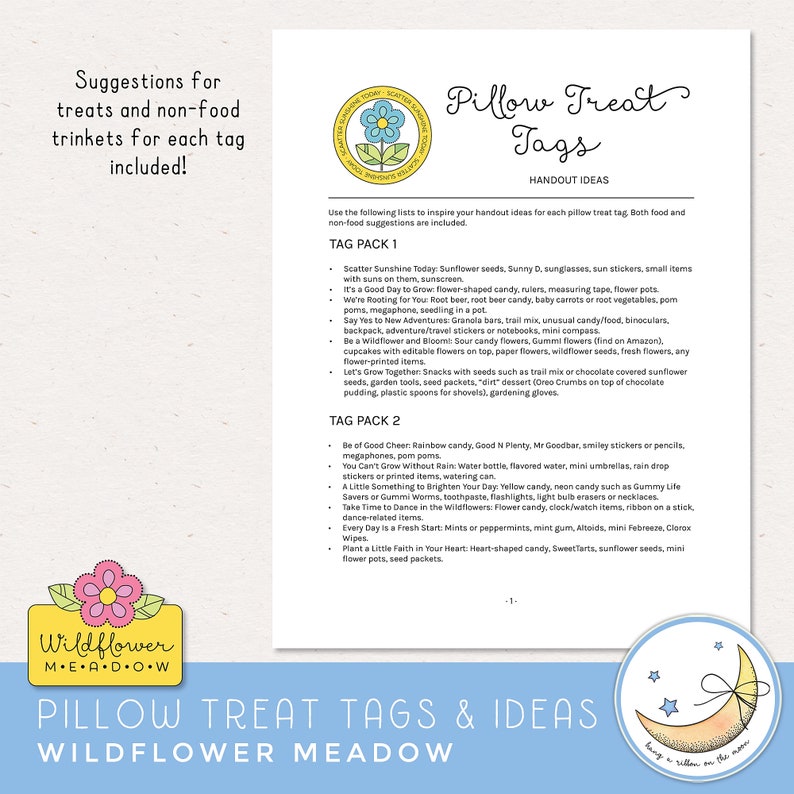 Printable LDS young women girls camp pillow treat handout tags. scatter sunshine today, it's a good day to grow, say yes to new adventures, we're rooting for you, be a wildflower and bloom, let's grow together. color and black & white.