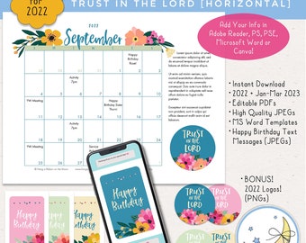 LDS Young Women 2022 Calendar Pack: Trust in the Lord, Editable PDF, JPEGs & MS Word Templates, Horizontal Format [Digital Download]