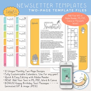 Newsletter Templates, 12 Months, Two Pages, Edit in Adobe Reader, Photoshop, Photoshop Elements, Canva and Microsoft Word Digital Download image 1