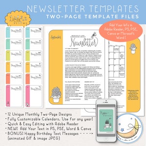 Newsletter Templates, 12 Months, Two Pages, Edit in Adobe Reader ...