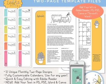 Newsletter Templates, 12 Months, Two Pages, Edit in Adobe Reader, Photoshop, Photoshop Elements, Canva and Microsoft Word!  Digital Download