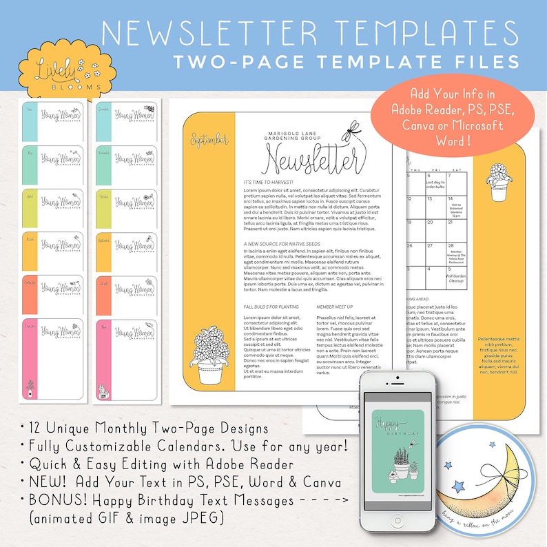 Newsletter Templates, 12 Months, Two Pages, Edit in Adobe Reader, Photoshop, Photoshop Elements, Canva and Microsoft Word Digital Download image 1