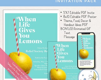 LDS Relief Society Event Party Pack, When Life Gives You Lemons Invitations [Digital Download] Invite Poster Animated Text Message