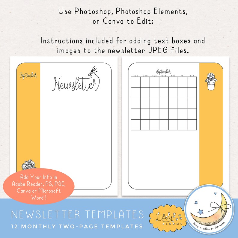 Newsletter Templates, 12 Months, Two Pages, Edit in Adobe Reader, Photoshop, Photoshop Elements, Canva and Microsoft Word Digital Download image 3