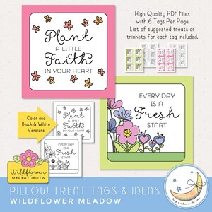 LDS Young Women Girls Camp Pillow Treat tags. Be of good cheer. Plant a little seed of faith in your heart. Take time to dance in the wildflowers. Every day is a fresh start. You cant grow without rain. A little something to brighten your day.