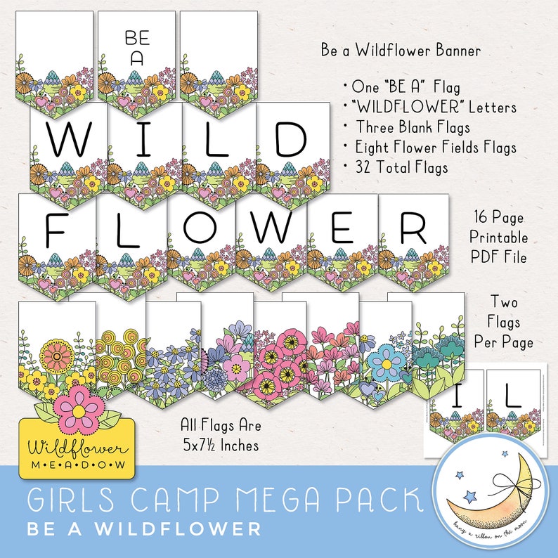 LDS Young Women Girls Camp Printables, Be a Wildflower theme, invites, posters, save the date, tshirt designs, candy bar wrappers, resources, activity ideas, clip art, award certificates, camp journals, pillow treat tags, banner. Hand drawn artwork.