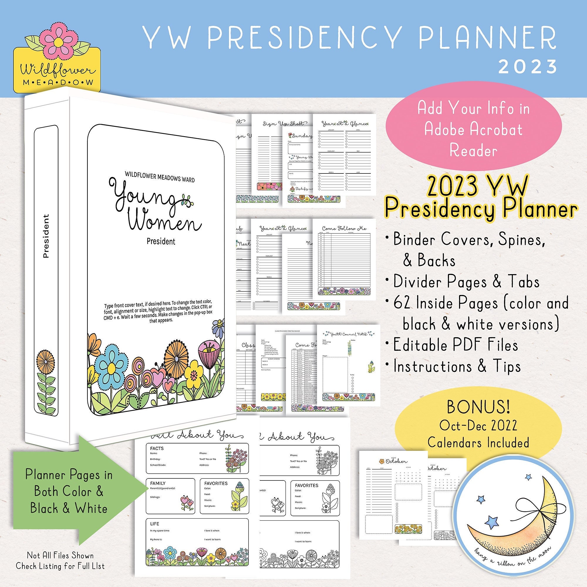 Presidency Planner 2024, LDS Young Women, Editable PDF, Binder Covers,  Divider Pages, Tabs, 64 Printable Planner Pages, Color, Black & White 