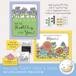 Printable LDS young women girls camp pillow treat handout tags. scatter sunshine today, it's a good day to grow, say yes to new adventures, we're rooting for you, be a wildflower and bloom, let's grow together. color and black & white.