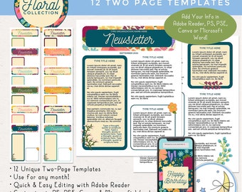 Editable Newsletter Two Page Templates: Adobe Reader, PS, PSE, Canva, Microsoft Word, Pack of 12, Use for Any Month [Digital Download]