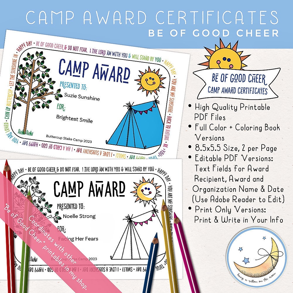 LDS Young Women Girls Camp Award Certificates Editable Etsy