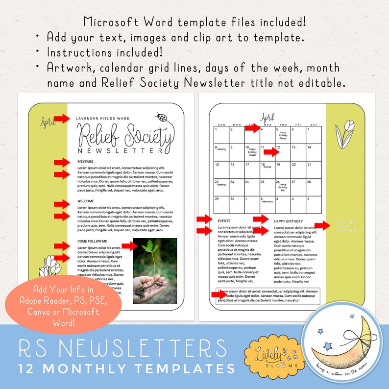 lds relief society newsletter templates with flower graphics in green, pink, coral, goldenrod, aqua, and blue. lively blooms. editable pdf files, jpeg files for canva, Microsoft word template files.