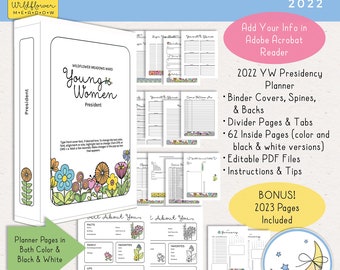 LDS YW Presidency Planner 2022, Editable PDF, Binder Covers, Divider Pages, Tabs, 62 Planner Pages in Color & Black and White, 2023 Included