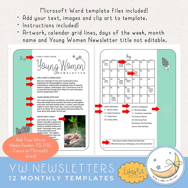 LDS Young Women Newsletter Templates 12 Months: Edit in Adobe Reader, PS, PSE, Microsoft Word or Canva Digital Download image 5