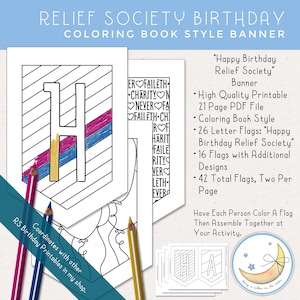 LDS Relief Society Happy Birthday Party Banner, Coloring Book Style, 42 Printable Flags, Digital Download