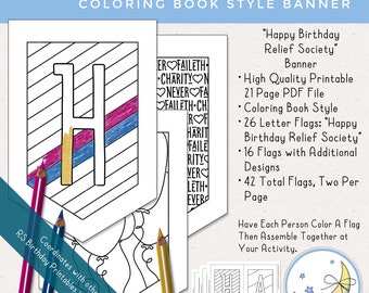 LDS Relief Society Happy Birthday Party Banner, Coloring Book Style, 42 Printable Flags, Digital Download