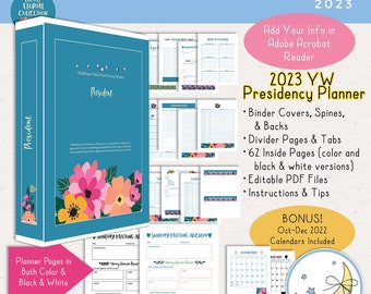 2023 LDS YW Presidency Planner, Editable PDF, Binder Covers, Divider Pages, Tabs, 62 Planner Pages in Color & Black and White