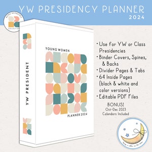 LDS YW Young Women Presidency Planner 2024, Editable PDF, Binder Covers, Divider Pages, Tabs, 64 Printable Pages, Color, Black & White image 1
