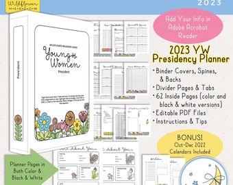 LDS YW Presidency Planner 2023, Editable PDF, Binder Covers, Divider Pages, Tabs, 62 Planner Pages in Color & Black and White