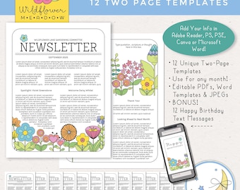 Editable Newsletter Templates, 12 Months, Two Pages, Editable Adobe Reader, MS Word, Canva, Photoshop & PSE [Digital Download]