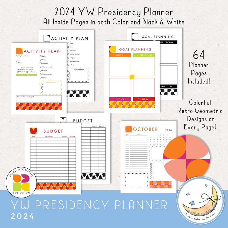 2024 LDS Young Women Presidency Planner for YW or class. Printable editable PDF files; retro geometric design in bright colors red orange yellow peach lime green pink. 64 pages, calendars, forms, agendas,  divider pages tabs, color and black & white