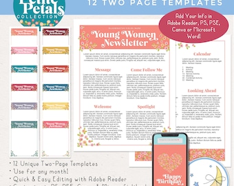 LDS Young Women Newsletter Templates 12 Months, Edit in Adobe Reader, PS, PSE, Canva or Microsoft Word! [Digital Download]