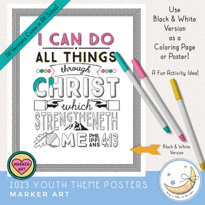 I can do all things in Christ which strengtheneth me (Philippians 4:13)  in handwritten marker art style. Colors are yellow, peach, pink and aqua. Two versions as well as a black and white option for coloring. Nine sizes for printing.