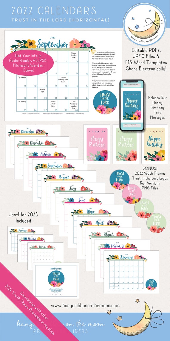 Lds Calendar 2022 Lds Young Women 2022 Calendar Pack: Trust In The Lord | Etsy