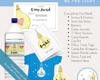 LDS Young Women Girls Camp Mega Pack, Be the Light Theme, Digital Download, T-Shirt, Invites, Posters, Pillow Treat Tags and More