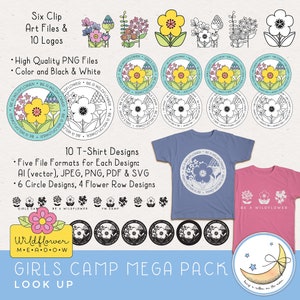 LDS Young Women Girls Camp Printables, Be a Wildflower theme, invites, posters, save the date, tshirt designs, candy bar wrappers, resources, activity ideas, clip art, award certificates, camp journals, pillow treat tags, banner. Hand drawn artwork.