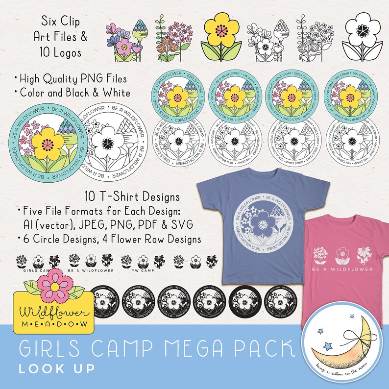 LDS Young Women Girls Camp Printables, Be a Wildflower theme, invites, posters, save the date, tshirt designs, candy bar wrappers, resources, activity ideas, clip art, award certificates, camp journals, pillow treat tags, banner. Hand drawn artwork.