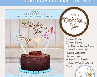 LDS Relief Society Birthday Party Celebration Pack, LDS, RS Activity Invites, Posters, Decor, Banner, Printable, Digital Download