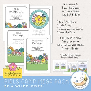 LDS Young Women Girls Camp Printables, Be a Wildflower theme, invites, posters, save the date, tshirt designs, candy bar wrappers, resources, activity ideas, clip art, award certificates, camp journals, pillow treat tags, banner. Hand drawn artwork.