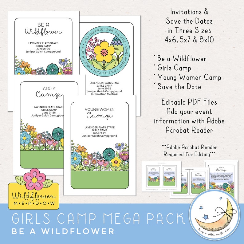 LDS Young Women Girls Camp Printables, Be a Wildflower theme, invites, posters, save the date, tshirt designs, candy bar wrappers, resources, activity ideas, clip art, award certificates, camp journals, pillow treat tags, banner. Hand drawn artwork.