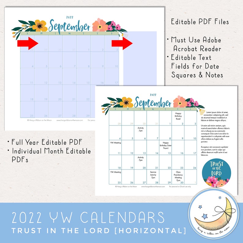 LDS Young Women 2022 Calendar Pack Trust in the Lord, Editable PDF