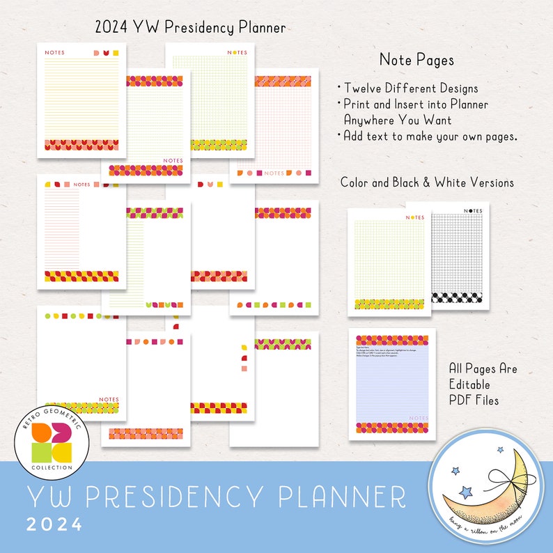 2024 LDS Young Women Presidency Planner for YW or class. Printable editable PDF files; retro geometric design in bright colors red orange yellow peach lime green pink. 64 pages, calendars, forms, agendas,  divider pages tabs, color and black & white