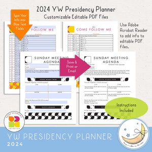 2024 LDS Young Women Presidency Planner for YW or class. Printable editable PDF files; retro geometric design in bright colors red orange yellow peach lime green pink. 64 pages, calendars, forms, agendas,  divider pages tabs, color and black & white