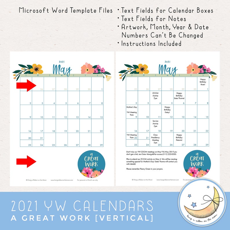 LDS Young Women 2021 Calendar Pack A Great Work Editable Etsy