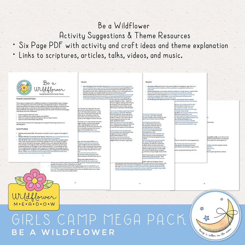 LDS Young Women Girls Camp Printables, Be a Wildflower theme, invites, posters, save the date, tshirt designs, candy bar wrappers, resources, activity ideas, clip art, award certificates, camp journals, pillow treat tags, banner. Hand drawn artwork.