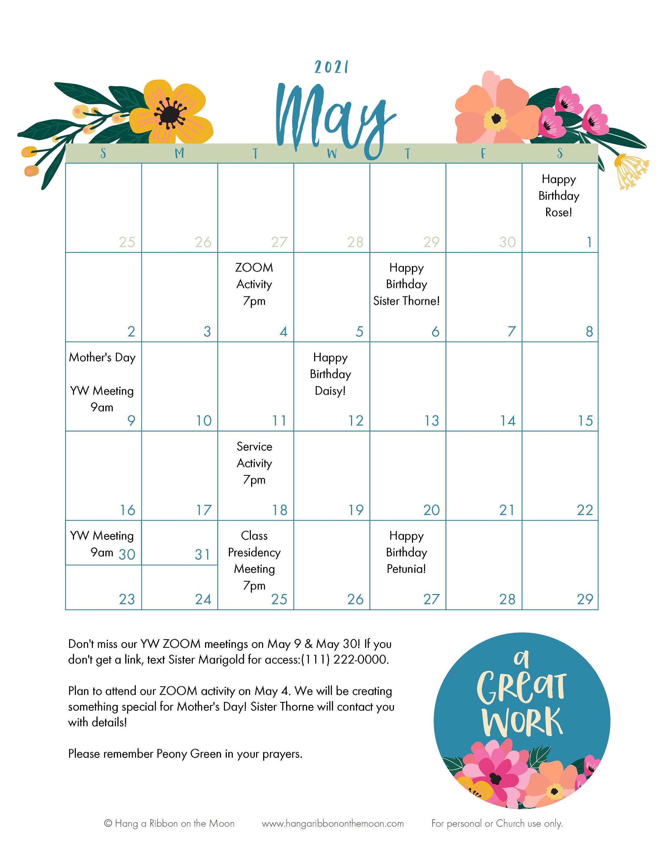 LDS Young Women 2021 Calendar Pack A Great Work Editable Etsy