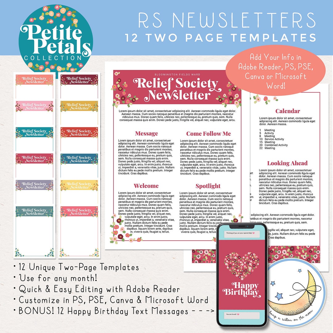 LDS Relief Society Newsletter Templates, 12 Months, Edit in Adobe