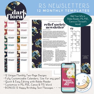 12 Months LDS Relief Society Newsletter Templates: Edit in Adobe Reader, PS, PSE, Canva or Microsoft Word! [Digital Download]