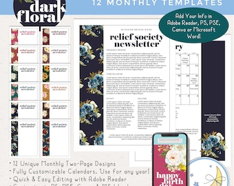 12 Months LDS Relief Society Newsletter Templates: Edit in Adobe Reader, PS, PSE, Canva or Microsoft Word! [Digital Download]