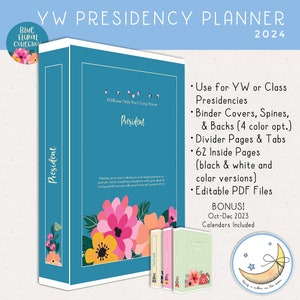 2024 LDS YW Presidency Planner, Editable PDF, Binder Covers, Divider Pages, Tabs, 62 Printable Planner Pages in Color & Black and White