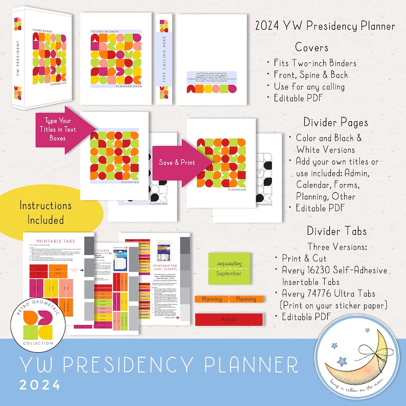 2024 LDS Young Women Presidency Planner for YW or class. Printable editable PDF files; retro geometric design in bright colors red orange yellow peach lime green pink. 64 pages, calendars, forms, agendas,  divider pages tabs, color and black & white