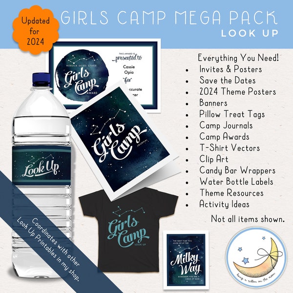 LDS Girls Camp Mega Pack, Look Up, Posters, Tags, Journals, T Shirt Vectors, Candy Bar & Water Bottle Labels 2024 [Digital Download]