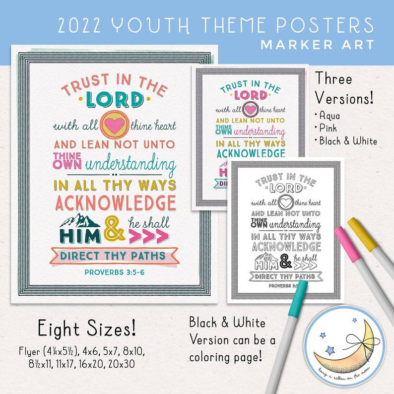Trust in the Lord, Psalms 3:5-6 in handwritten marker art style. Colors are yellow, peach, pink and aqua. Two versions as well as a black and white option for coloring.