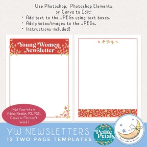 LDS Young Women YW newsletter templates for a full year, 12 months. Bitty flowers and bright colors on each page. Includes happy birthday text messages. Editable PDF file templates, Microsoft Word templates & JPEGs. Instructions included.